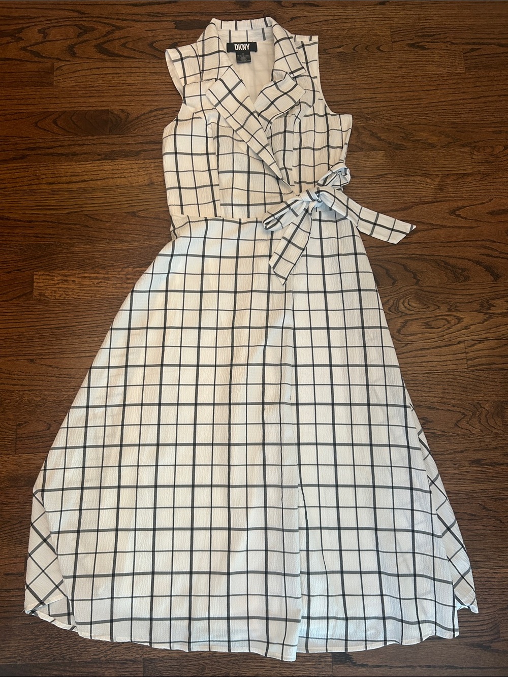 DKNY White and Black Windowpane Sleeveless Midi Dress with Tie - faux wrap
